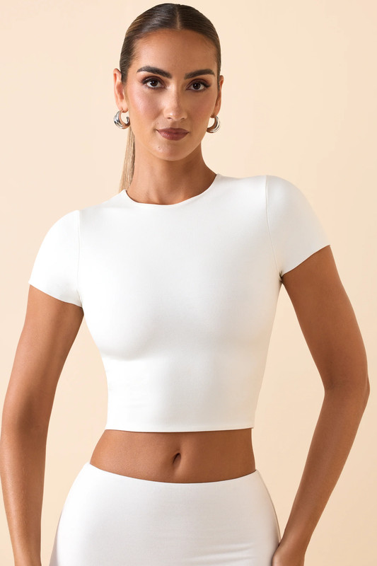Modal Cap-Sleeve Crop Top in White - Size:L